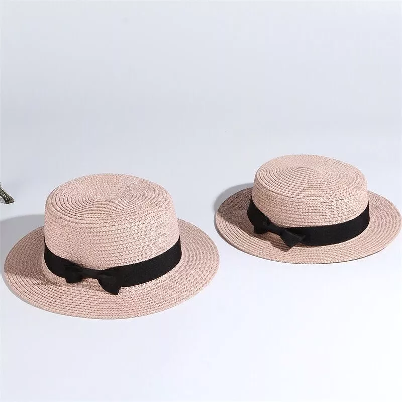 2023 simple Summer Parent-child Beach Hat Female Casual Panama Hat Lady Brand Women Flat brim Bowknot Straw cap girls Sun Hat