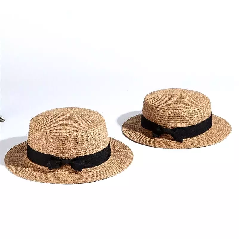 2023 simple Summer Parent-child Beach Hat Female Casual Panama Hat Lady Brand Women Flat brim Bowknot Straw cap girls Sun Hat