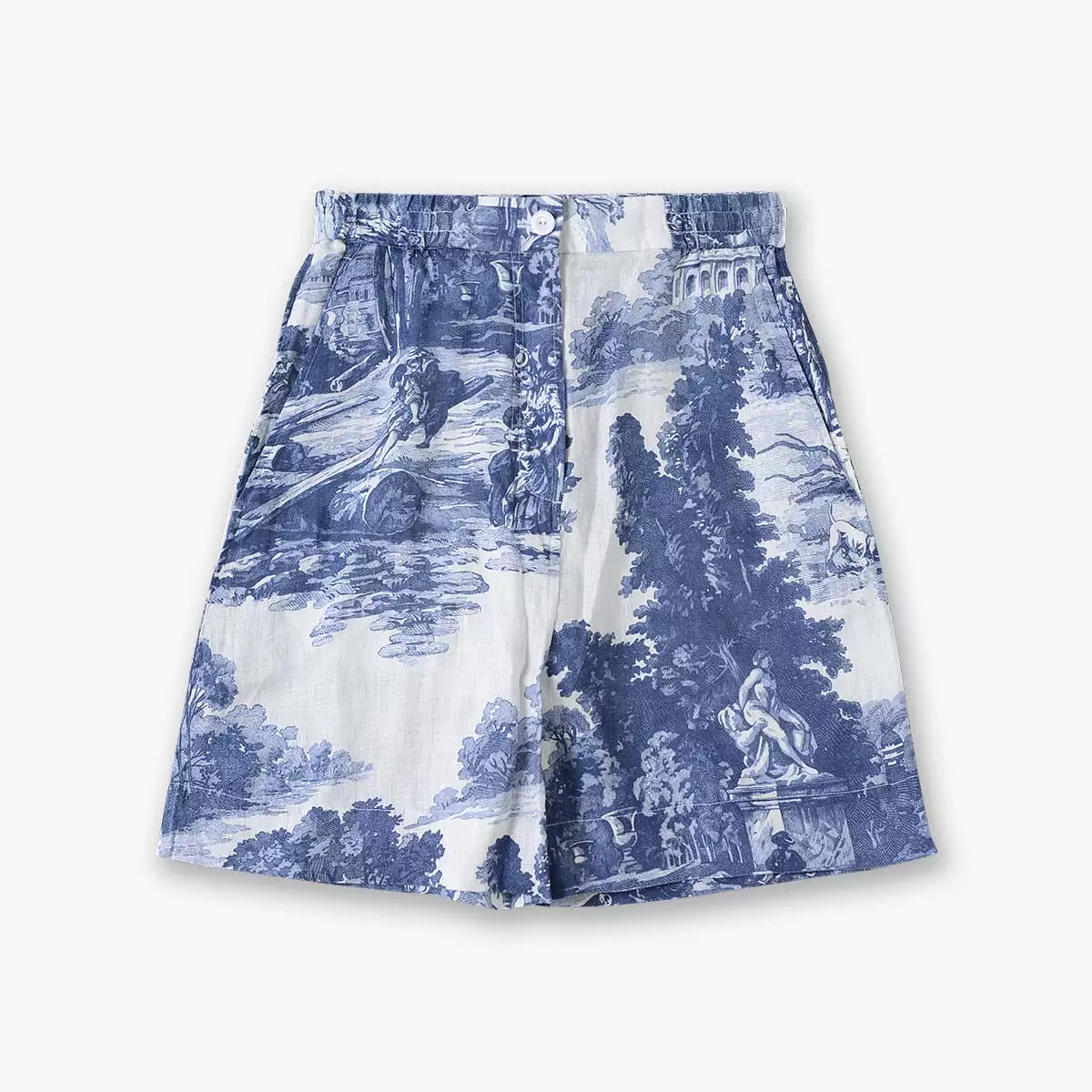 2023 Summer New Women Loose-fit Lapel Blue and White Printed Short-sleeved Shirt/shorts of The Same Style