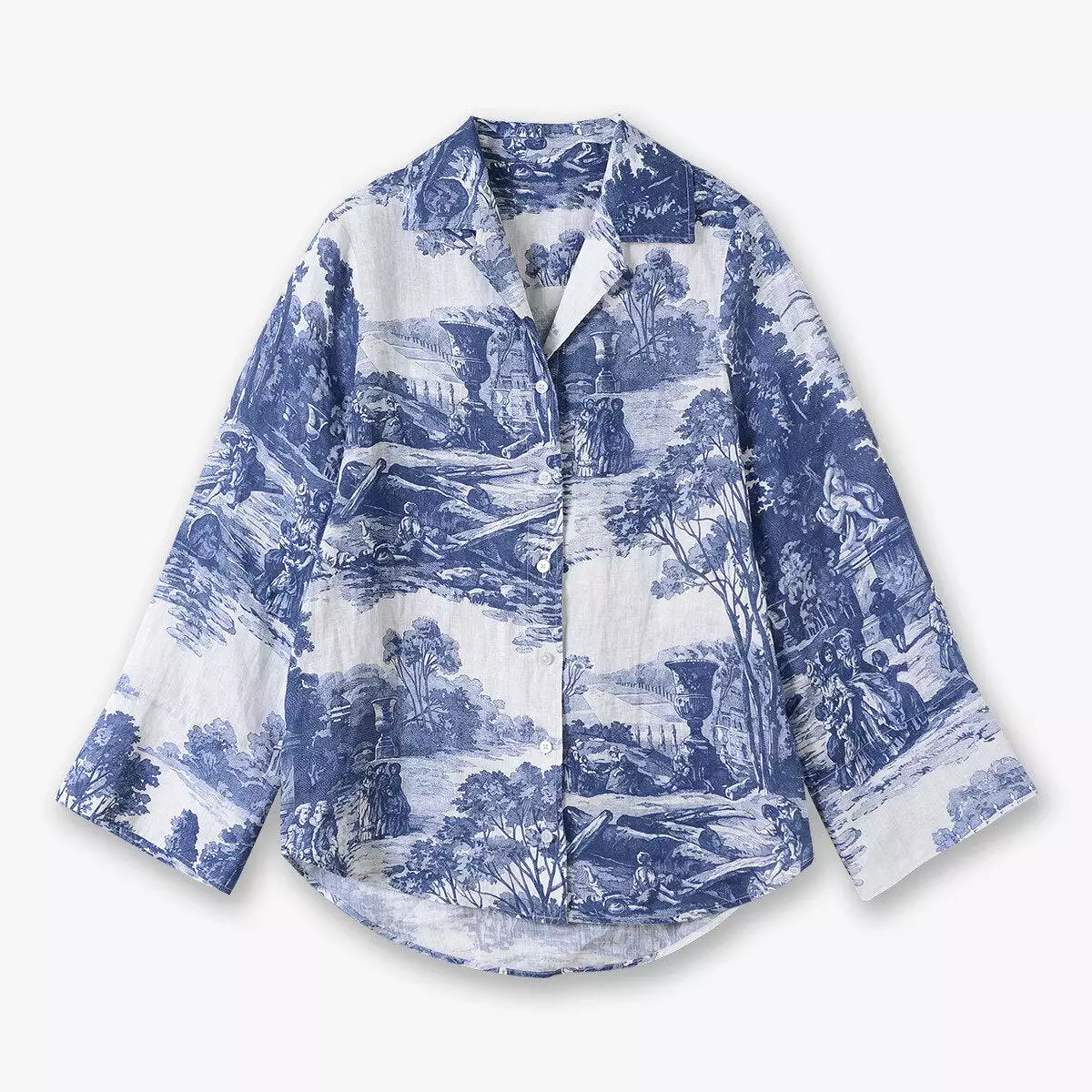 2023 Summer New Women Loose-fit Lapel Blue and White Printed Short-sleeved Shirt/shorts of The Same Style