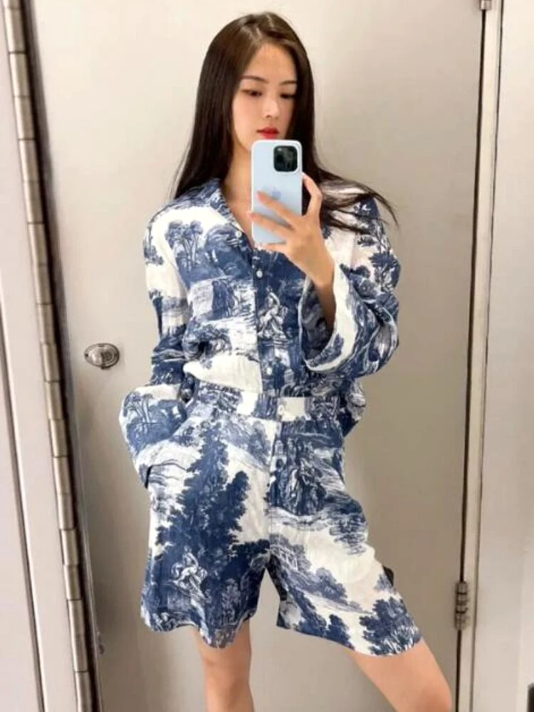 2023 Summer New Women Loose-fit Lapel Blue and White Printed Short-sleeved Shirt/shorts of The Same Style