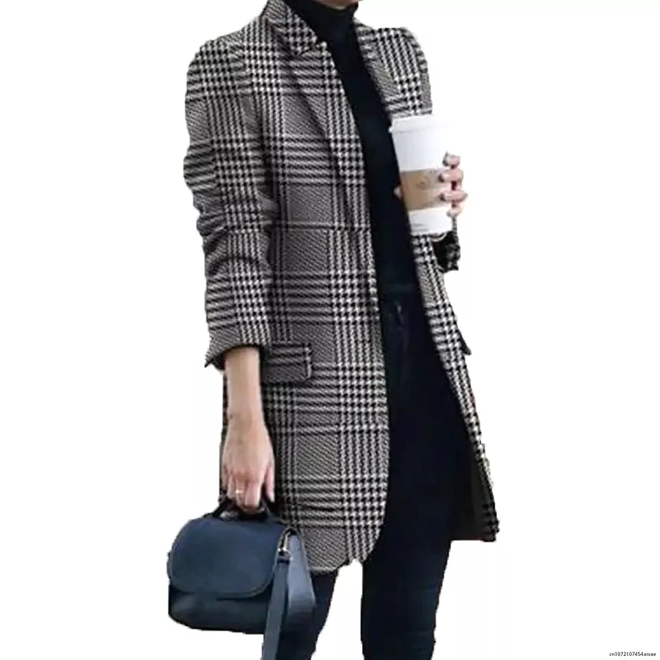 Autumn and Winter Coat A Variety of Women's Wool-blend Coat Fashion Lapel Print Slim Long Section of Women's Woolen Coat X30210