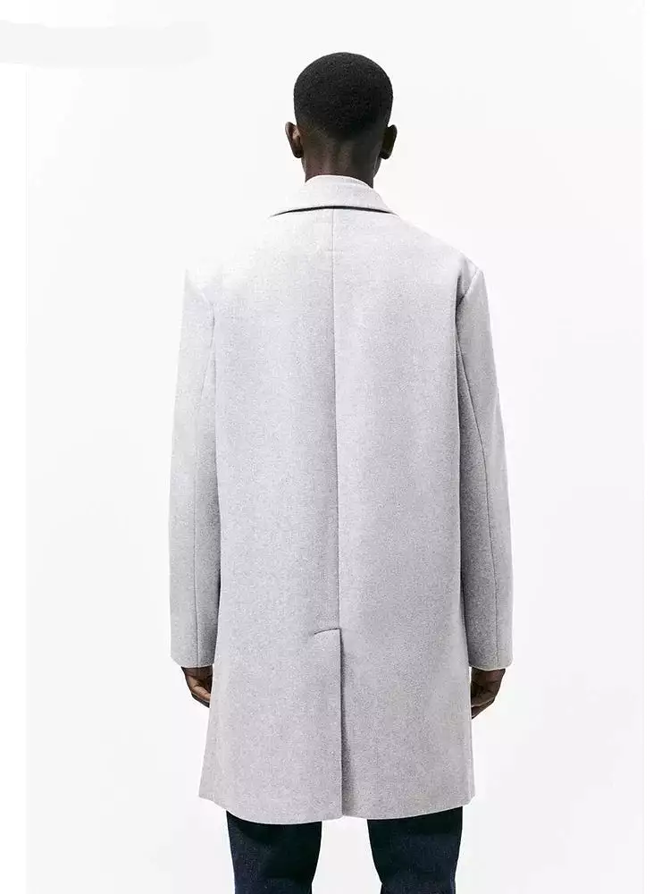 Autumn Winter Warm Soft Light Grey Woolen Coat Men with Back Slit Single Breasted Luxury Wool Blends Overcoat 2023