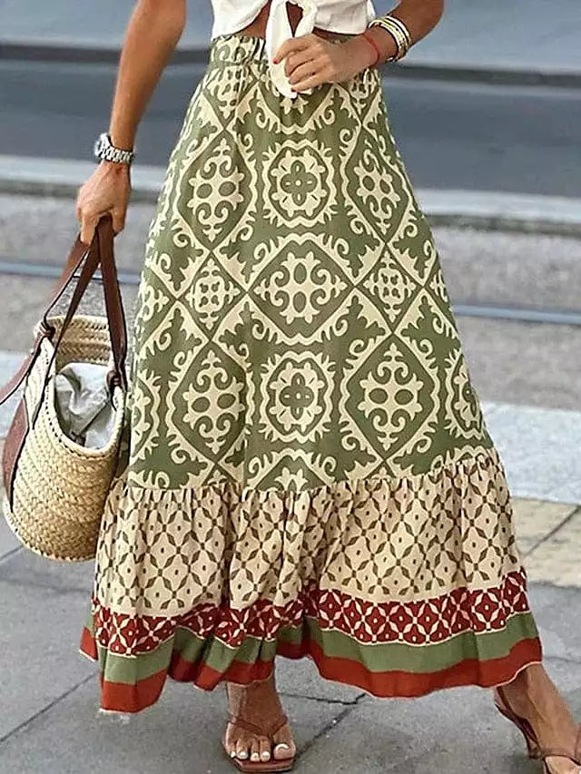 Boho Ruffle Print Asymmetrical Maxi Skirt for Women