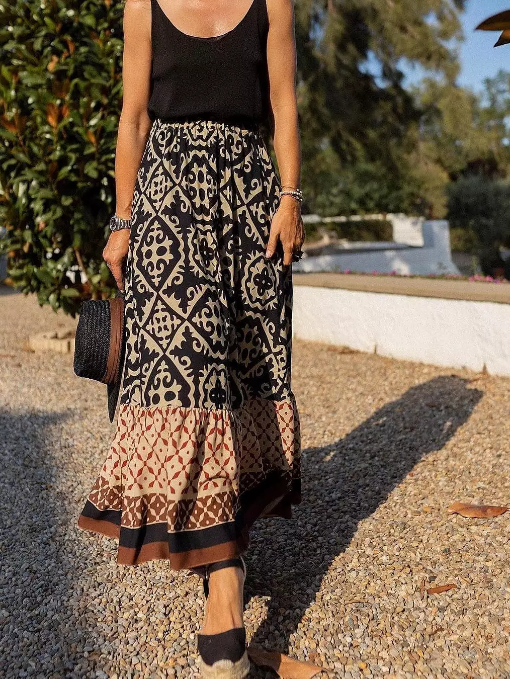 Boho Ruffle Print Asymmetrical Maxi Skirt for Women