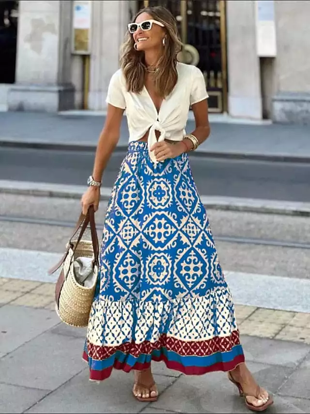 Boho Ruffle Print Asymmetrical Maxi Skirt for Women