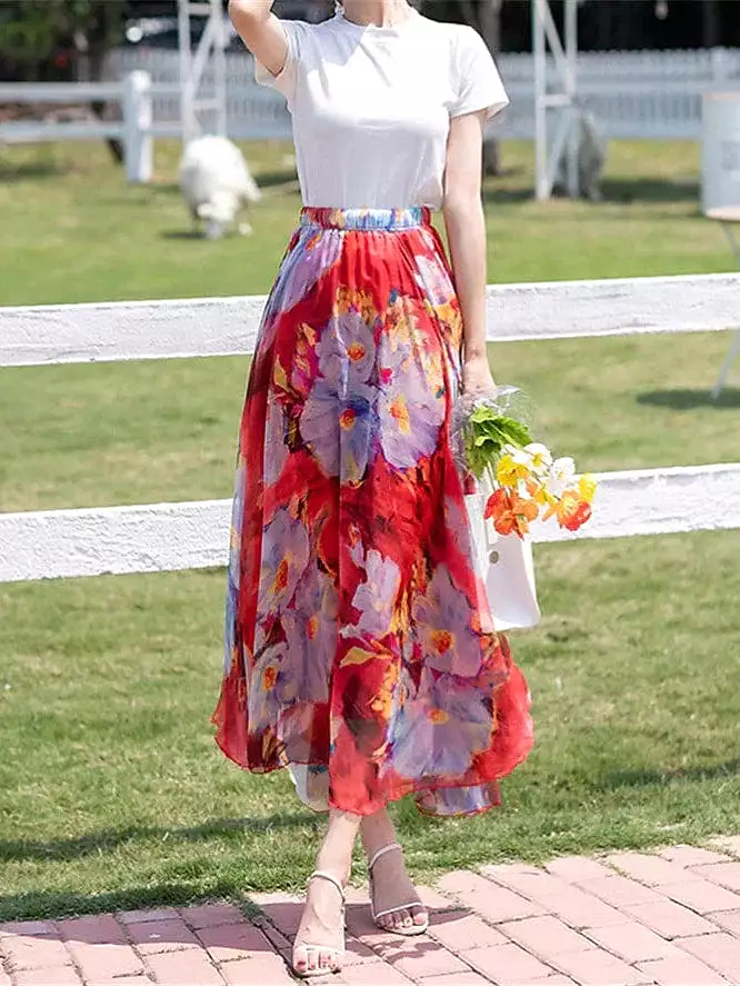 Boho Style Chiffon Floral Print Maxi Skirt for Women