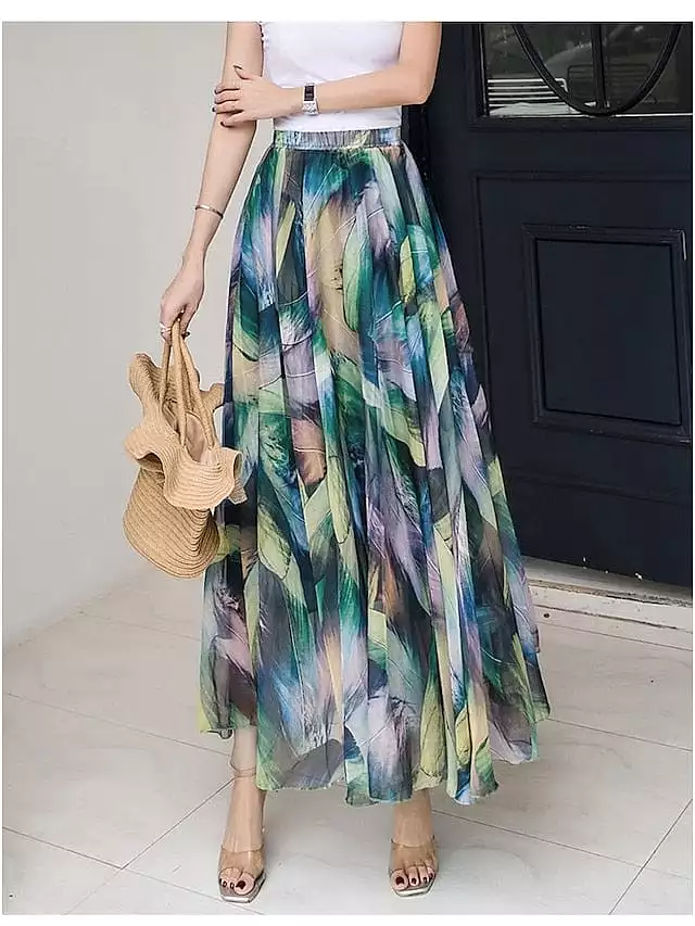 Boho Style Chiffon Floral Print Maxi Skirt for Women