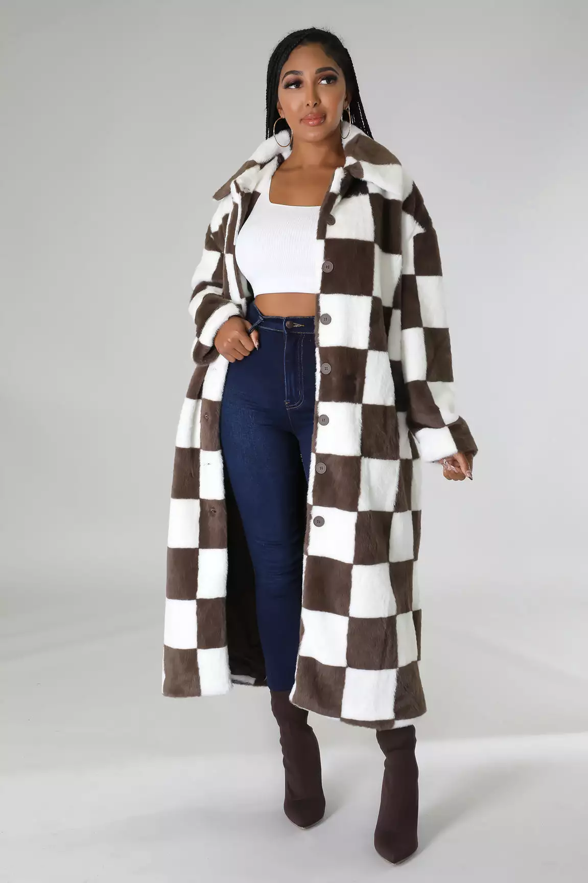 Checkered Faux Brown Coat