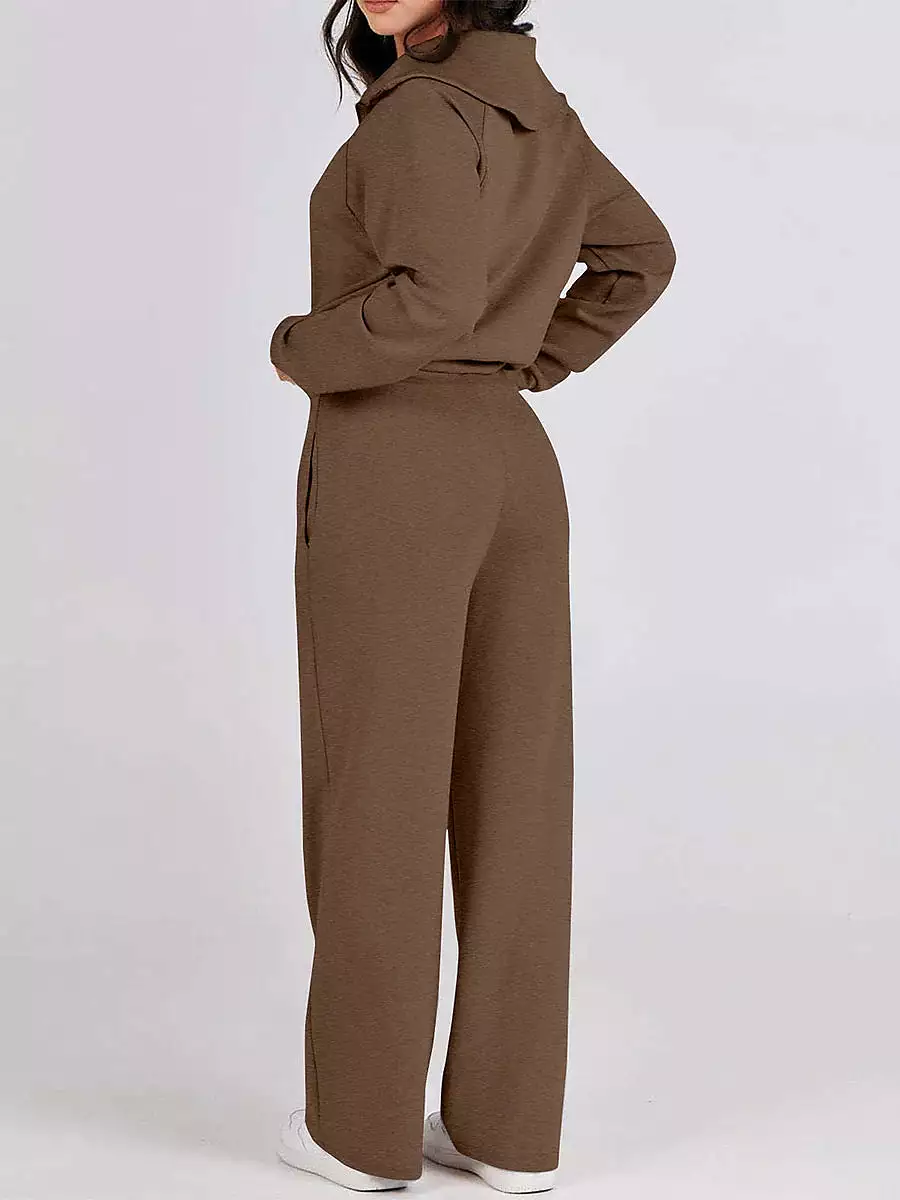 Chic Lapel Long Sleeve Loungewear Set for Women with Pant Pocket