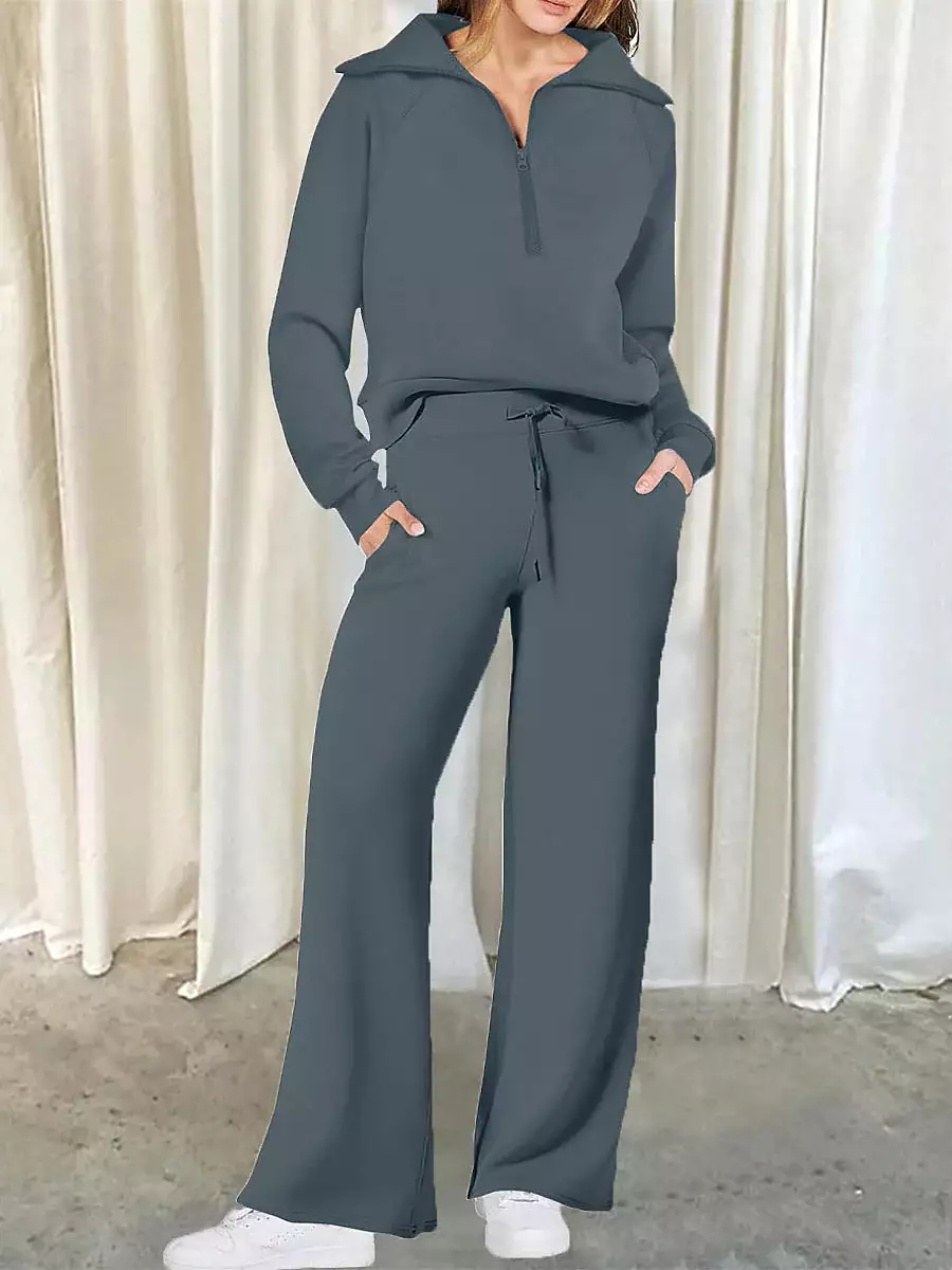 Chic Lapel Long Sleeve Loungewear Set for Women with Pant Pocket