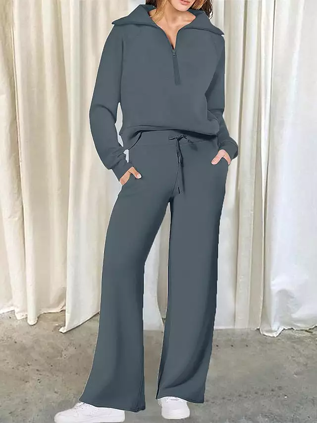 Chic Lapel Long Sleeve Loungewear Set for Women with Pant Pocket