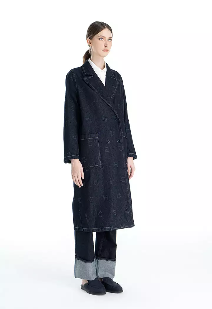 Choice Printed Denim Textured Long Coat