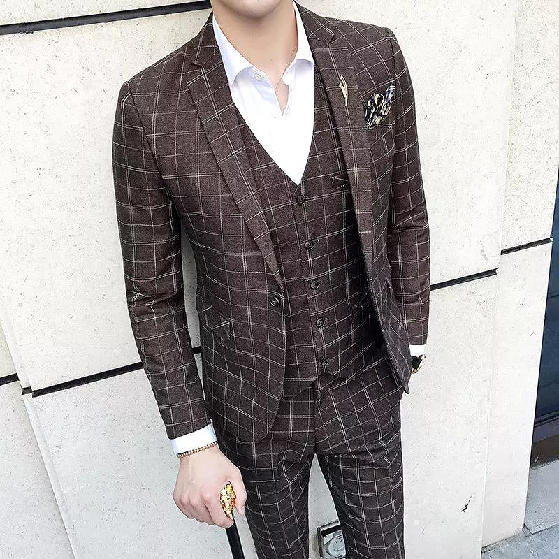 Elegant Brown Plaid Three Piece Suit