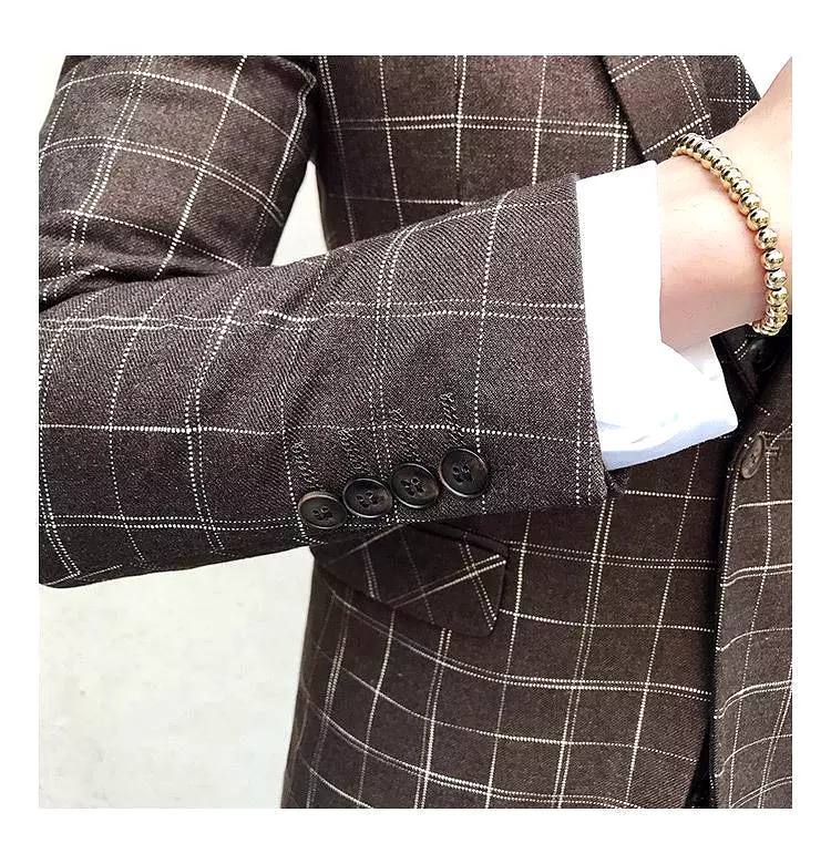 Elegant Brown Plaid Three Piece Suit