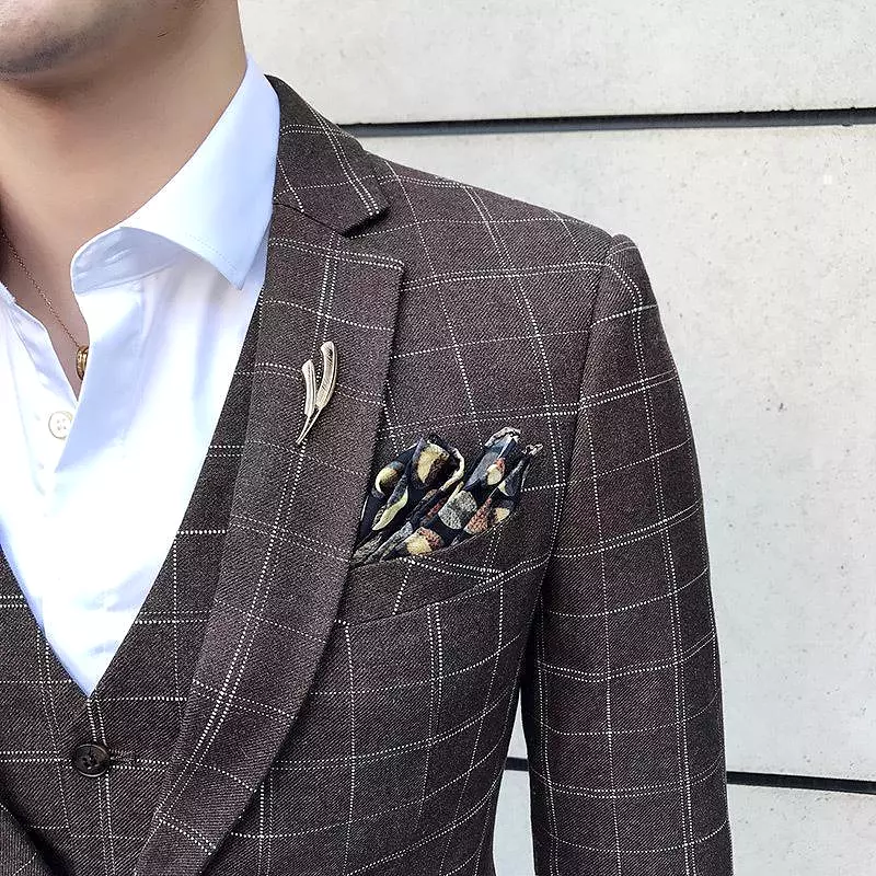 Elegant Brown Plaid Three Piece Suit