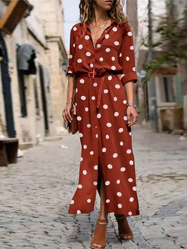 Elegant Collared Maxi Dress with Polka Dot Print for Women