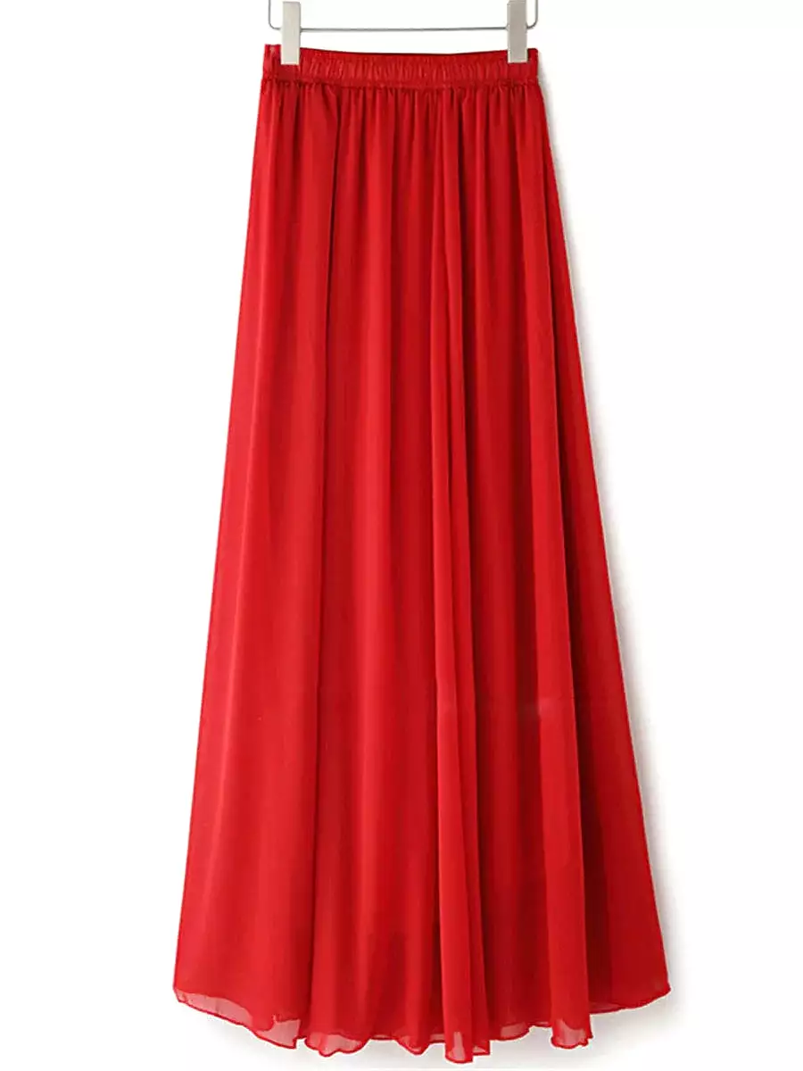 Elegant Layered High Waist Maxi Skirt for Women in Apricot, Black, White, and Red