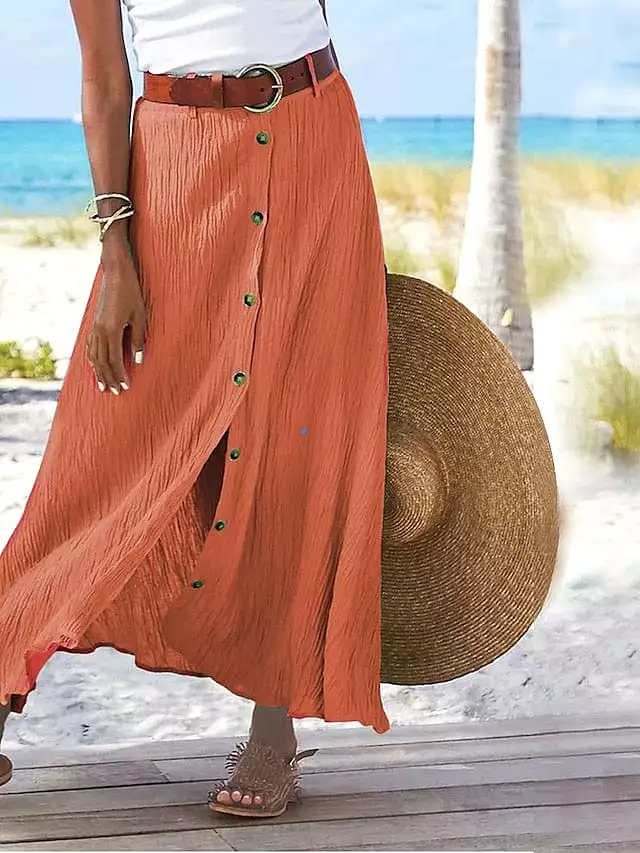 Elegant Women's Linen Maxi Button-Up Skirt - Black, White, Navy Blue, and Orange - S to 5XL