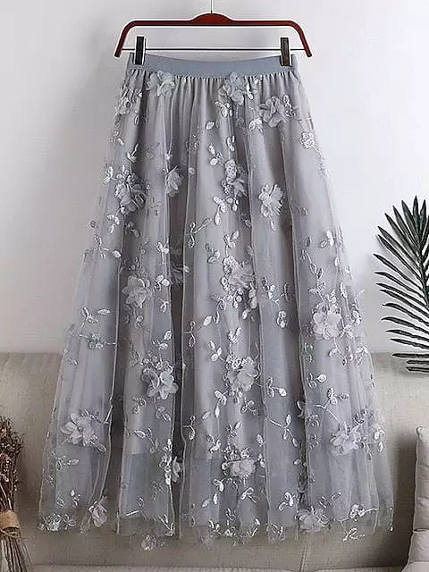 Floral Embroidered Maxi Skirt for Women - One-Size Elegant and Versatile Midi Skirt