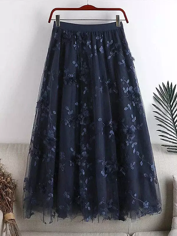 Floral Embroidered Maxi Skirt for Women - One-Size Elegant and Versatile Midi Skirt