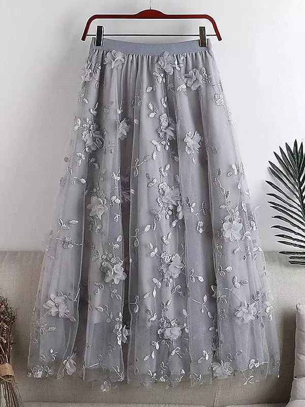 Floral Embroidered Maxi Skirt for Women - One-Size Elegant and Versatile Midi Skirt