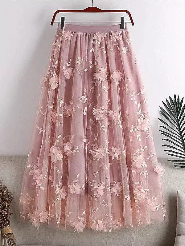 Floral Embroidered Maxi Skirt for Women - One-Size Elegant and Versatile Midi Skirt