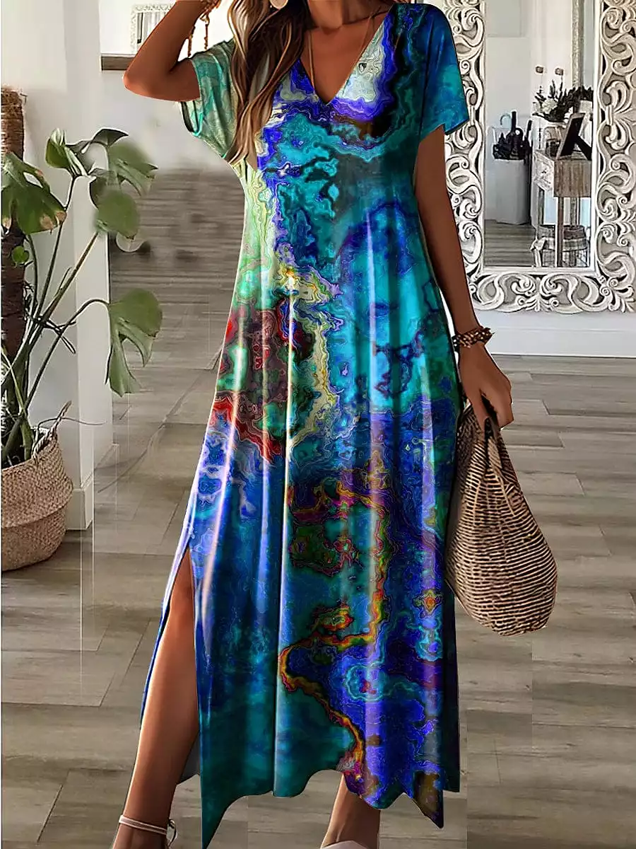 Floral Print A Line Maxi Dress for Women in Neon Orange/Black/Pink