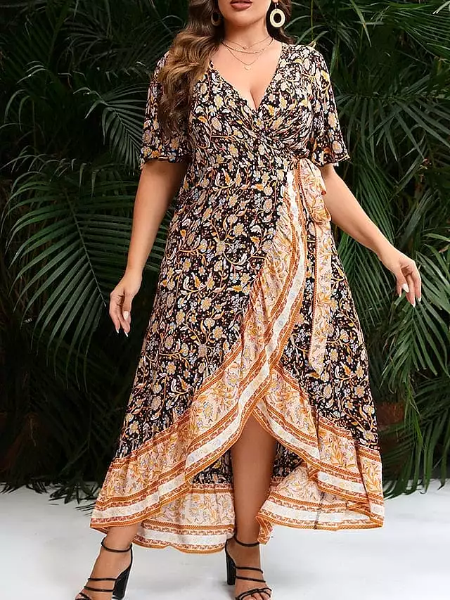 Floral Print Long Sleeve V-Neck Maxi Dress for Plus Size Women