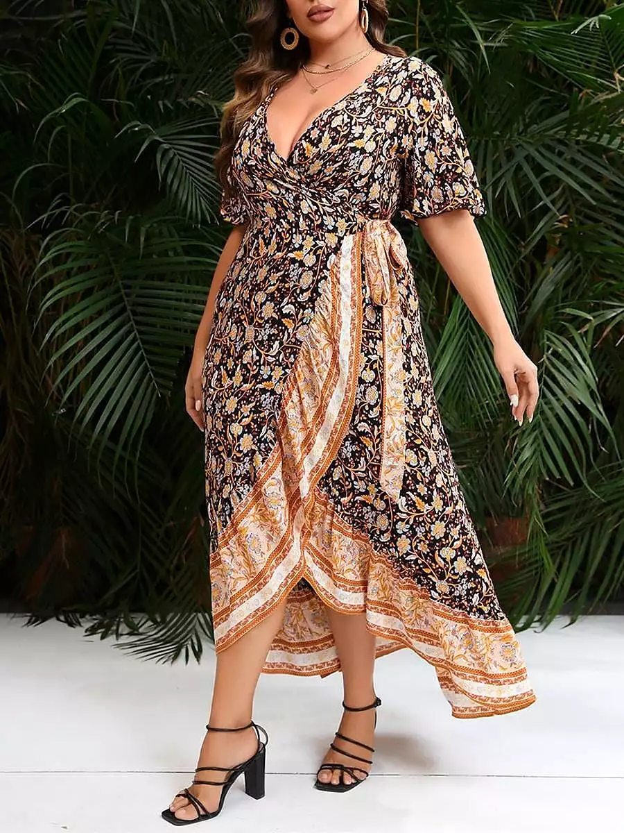 Floral Print Long Sleeve V-Neck Maxi Dress for Plus Size Women