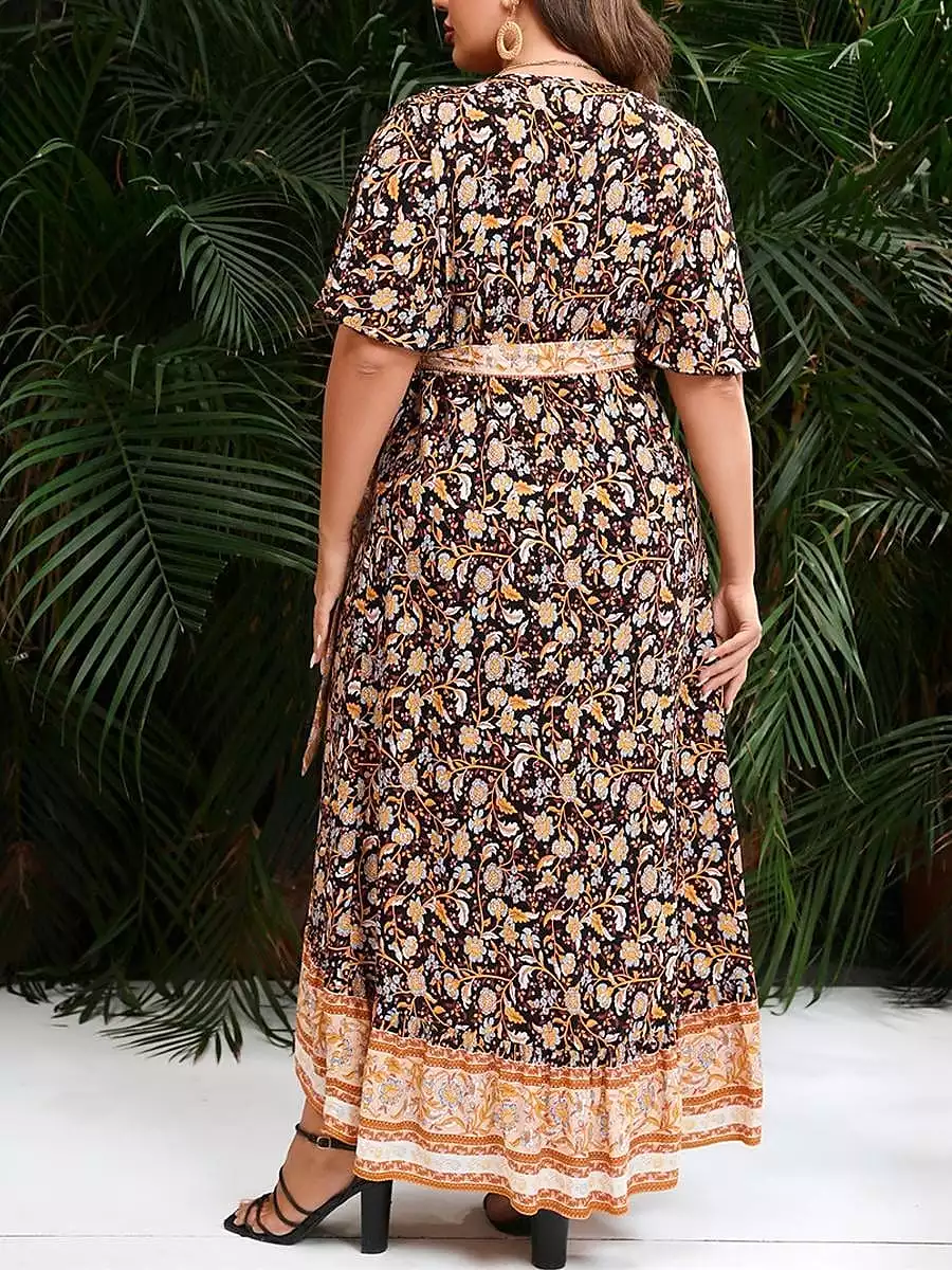 Floral Print Long Sleeve V-Neck Maxi Dress for Plus Size Women