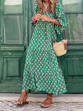 Floral Print V Neck Puff Sleeve Maxi Dress for Women