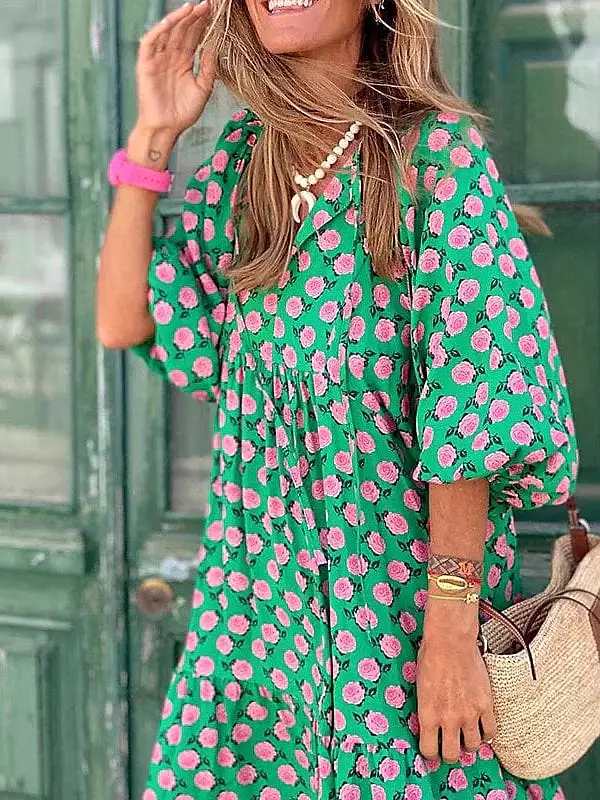 Floral Print V Neck Puff Sleeve Maxi Dress for Women