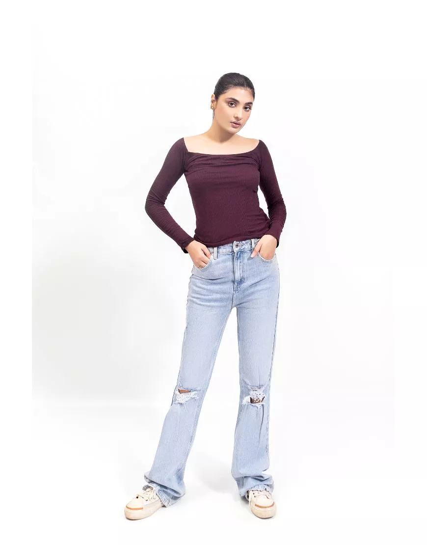 High Rise Ripped Flared Jeans-Light Blue