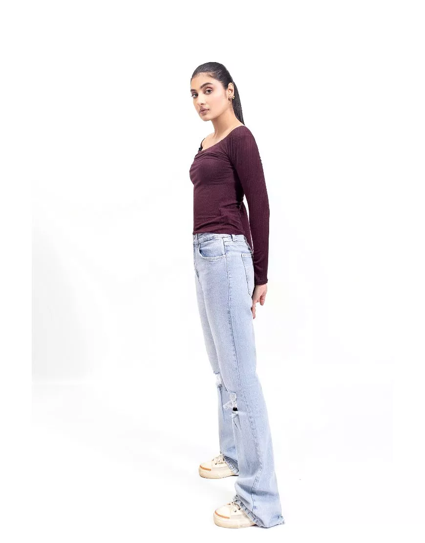 High Rise Ripped Flared Jeans-Light Blue