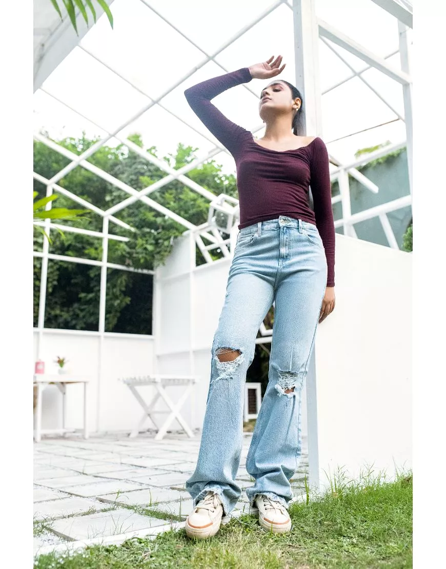 High Rise Ripped Flared Jeans-Light Blue