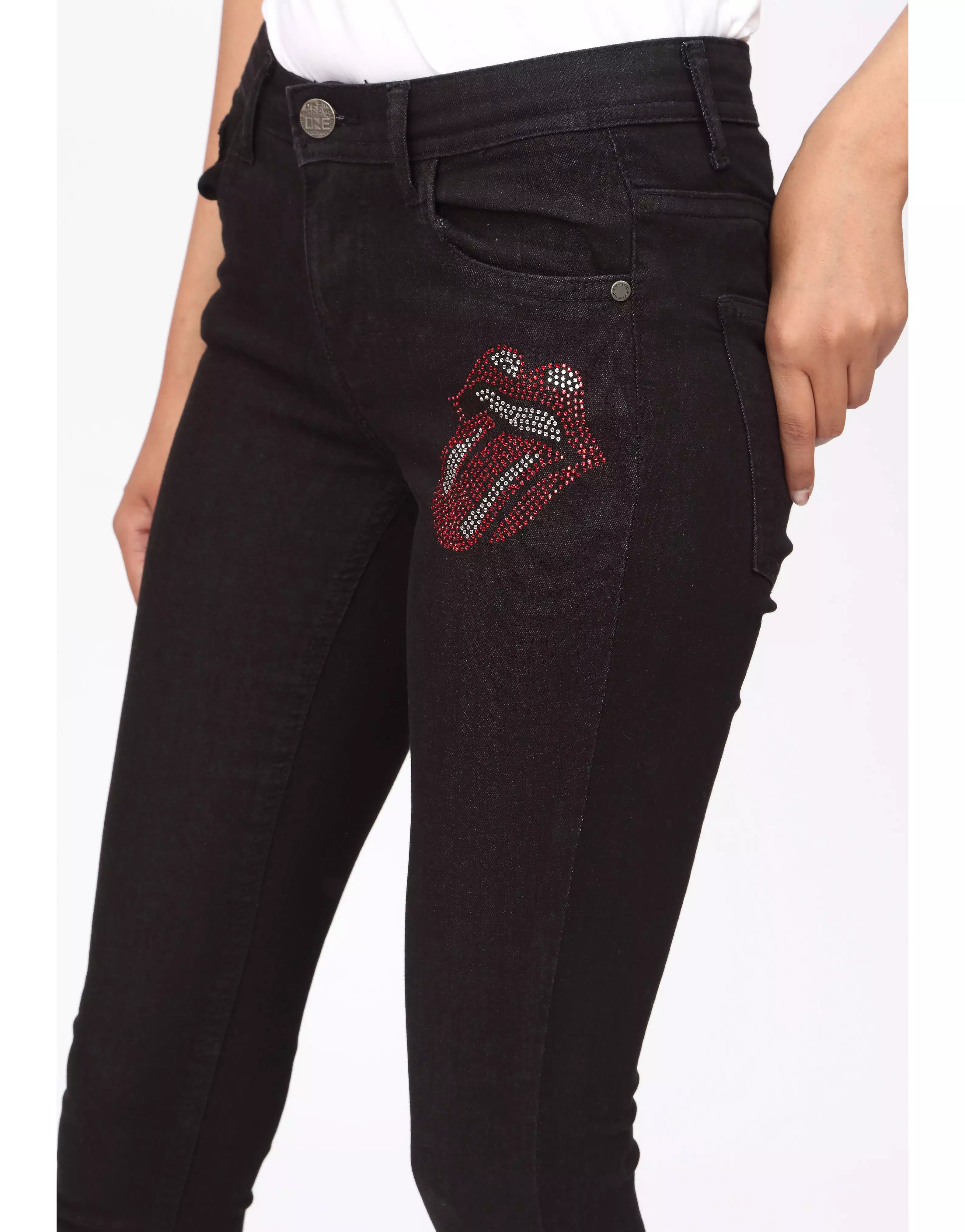 High Rise Skinny Jeans with Sassy Print in Jet Black