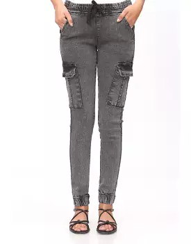 High Rise Skinny Jeans With Side Pockets in Charcoal Black