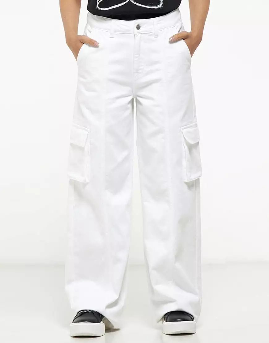 High Rise Wide Leg Cargo Jeans White