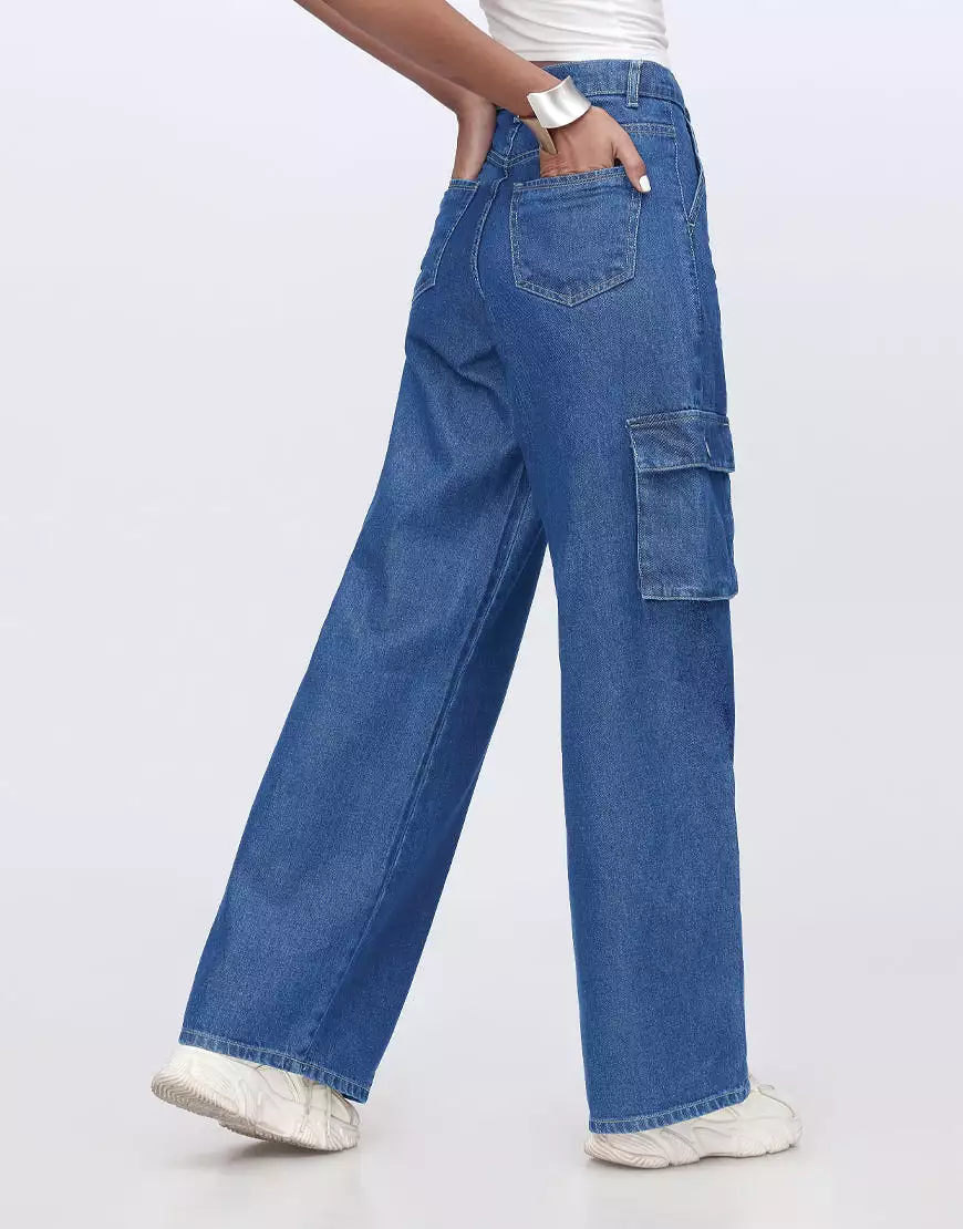 High Rise Wide Leg Cargo Stone Blue