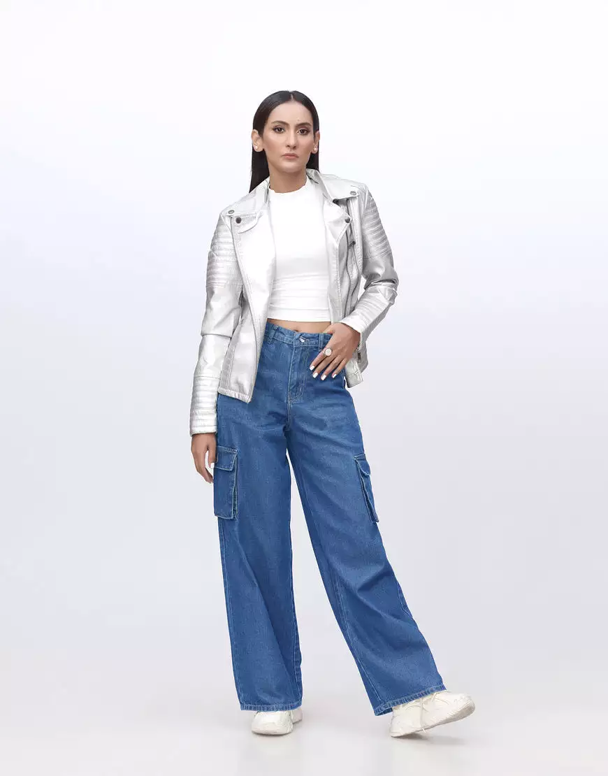 High Rise Wide Leg Cargo Stone Blue