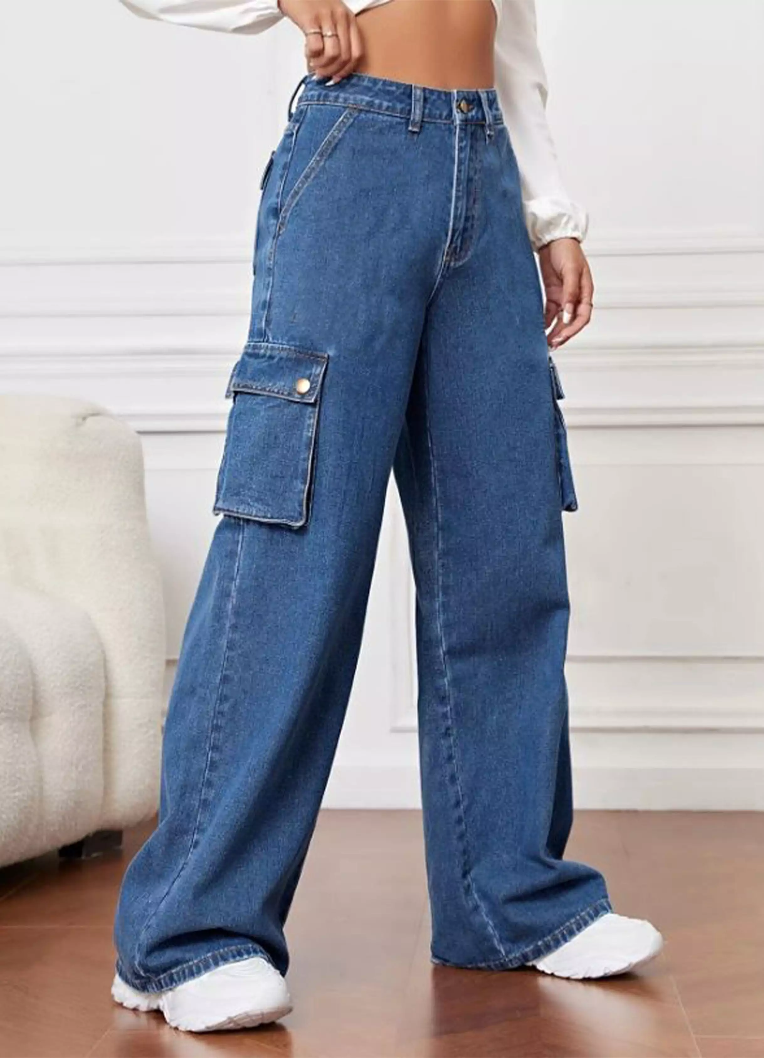 High Rise Wide Leg Cargo Stone Blue