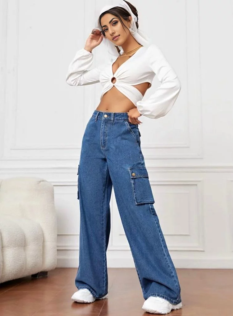 High Rise Wide Leg Cargo Stone Blue