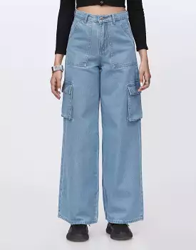 High Rise Wide Leg Flap Pocket Cargo Jeans Mid Blue