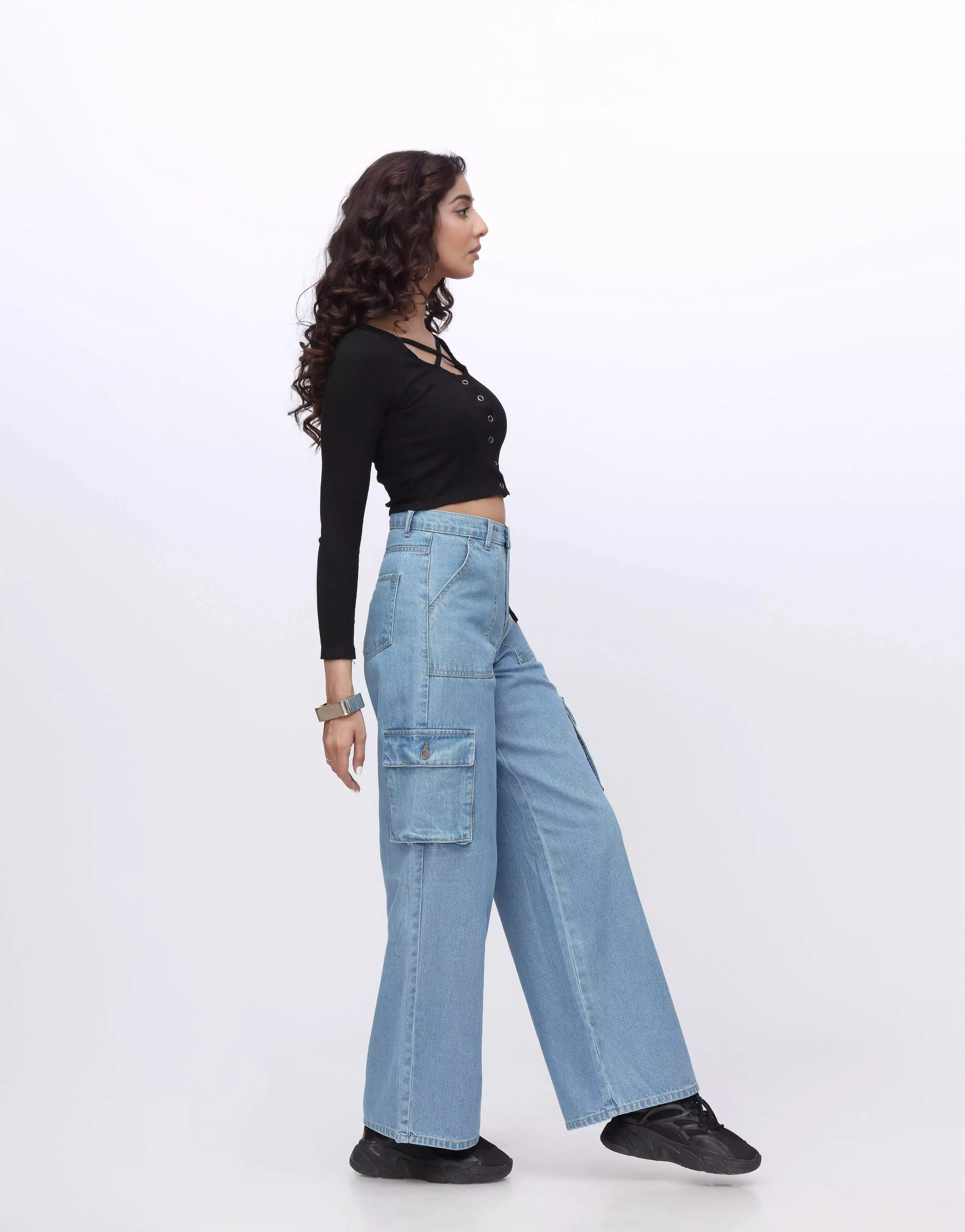 High Rise Wide Leg Flap Pocket Cargo Jeans Mid Blue