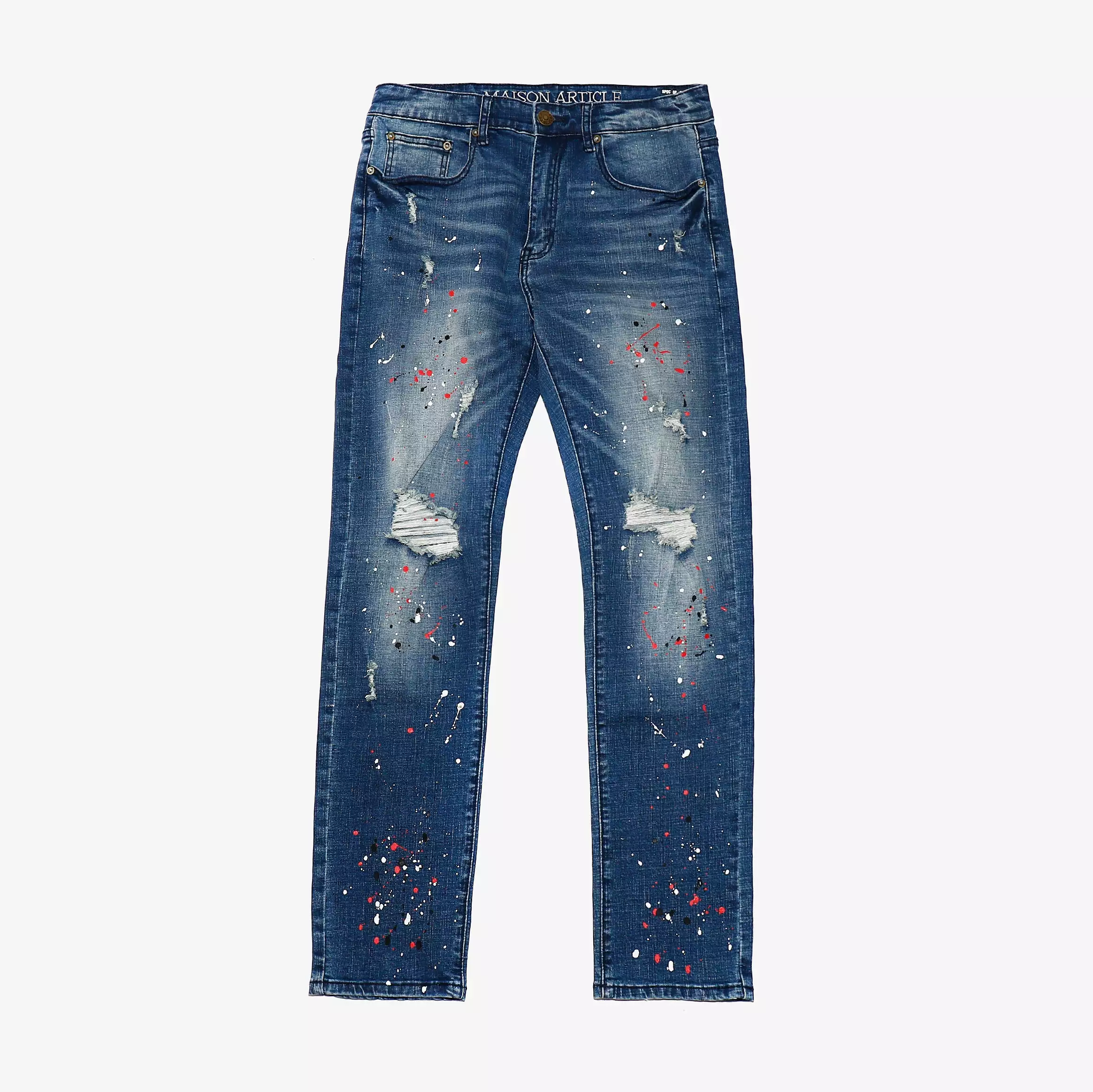 Johnny Straight Red Splatter Denim Mens Pants (Blue)