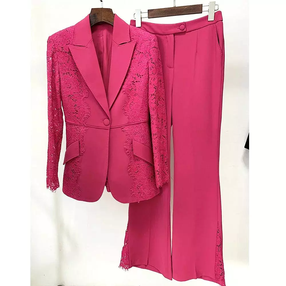 Lace Patchwork Women Pant Suit, Flared Pants