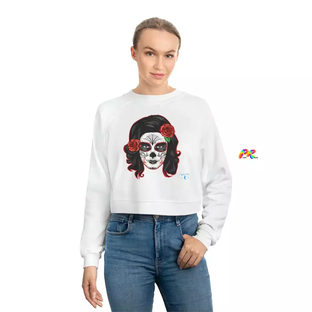 Long Sleeved Sugar Skull Cropped Sweatshirt