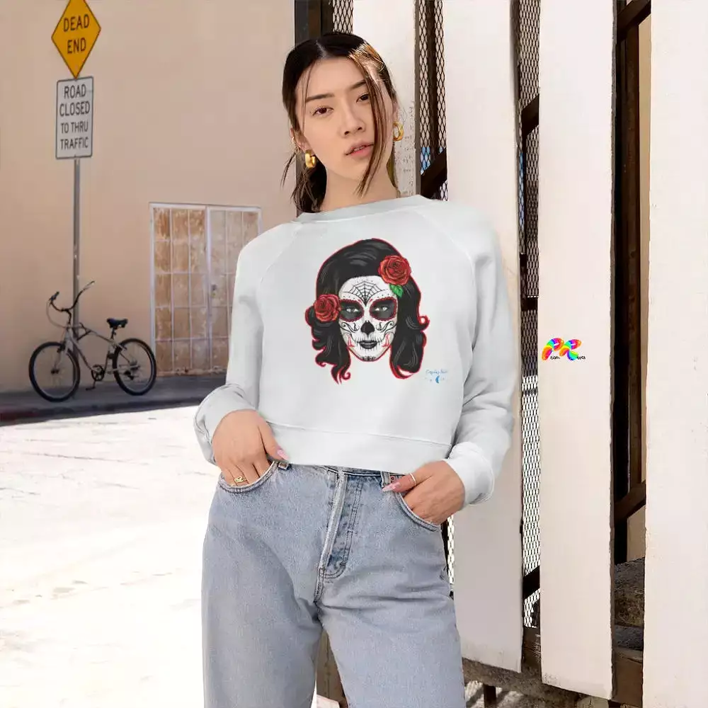 Long Sleeved Sugar Skull Cropped Sweatshirt