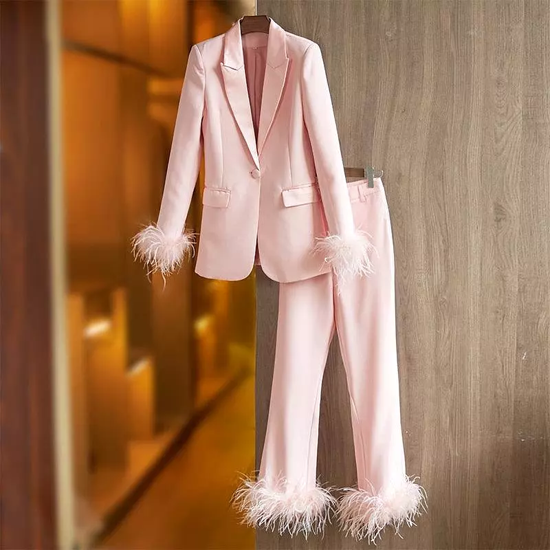 Luxury Pink Feather Pantsuit